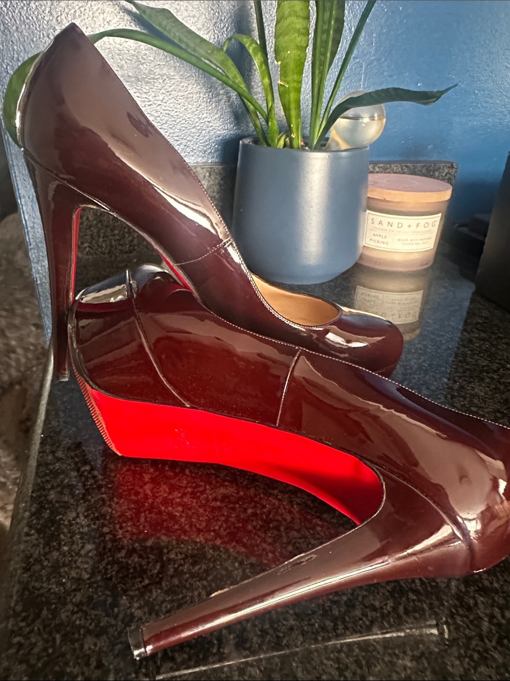 Christian Louboutin Burgundy Patent Leather Stiletto Pumps with Red Sole